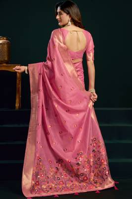 baby pink premium munga cotton mina work saree with zari border & pum pum lace 2
