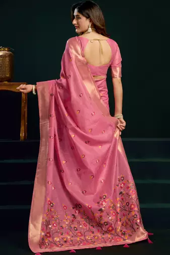 baby pink premium munga cotton mina work saree with zari border & pum pum lace