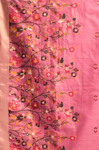 baby pink premium munga cotton mina work saree with zari border & pum pum lace
