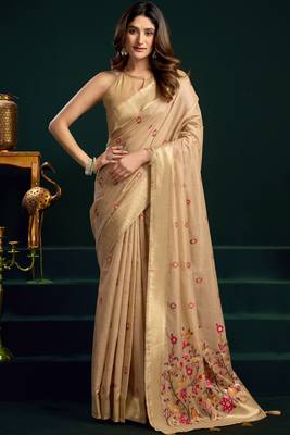 chiku premium munga cotton mina work saree with zari border & pum pum lace 1
