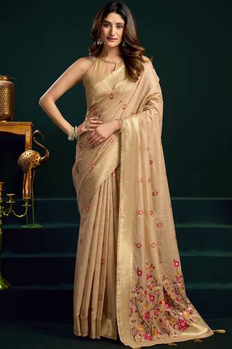 chiku premium munga cotton mina work saree with zari border & pum pum lace
