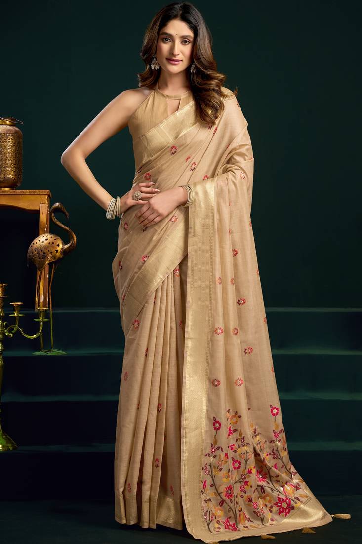 chiku premium munga cotton mina work saree with zari border & pum pum lace