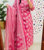 Floral embroidered pink pure cotton  kurta trouser and dupatta set