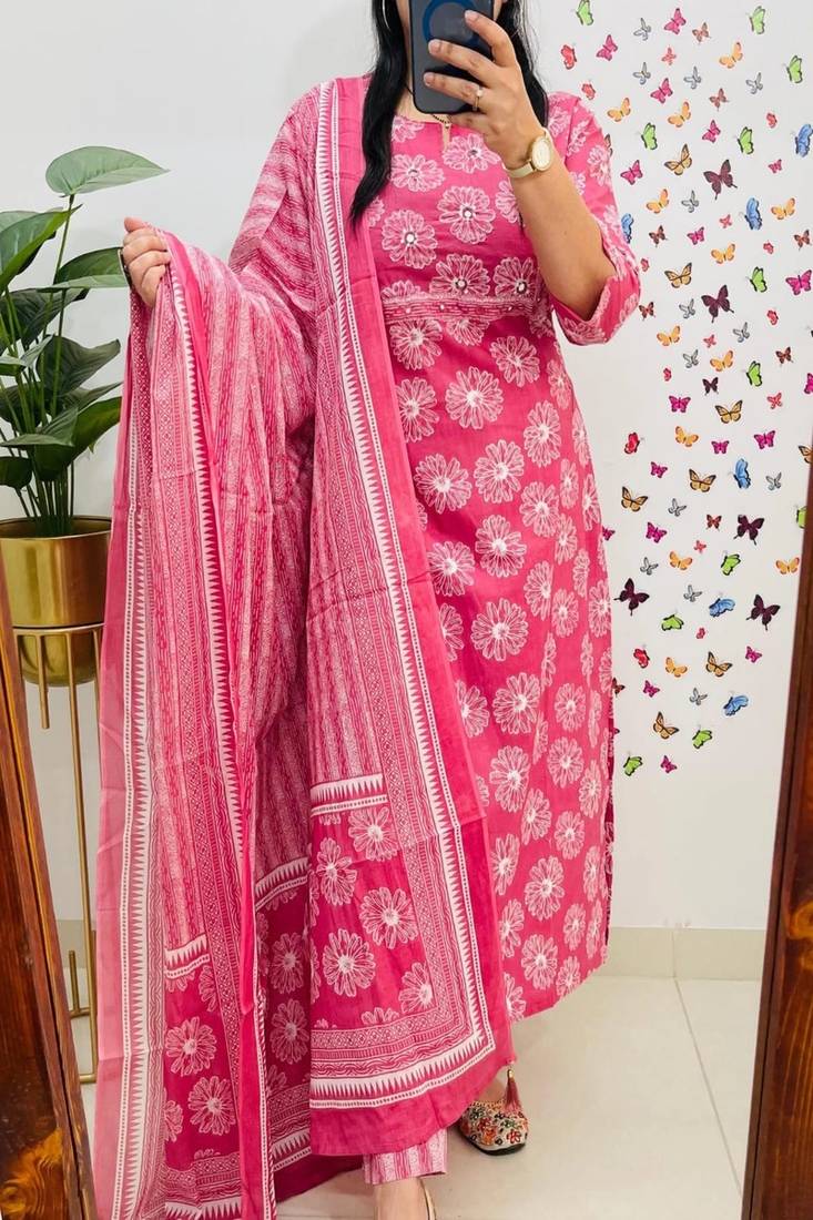 Floral embroidered pink pure cotton  kurta trouser and dupatta set