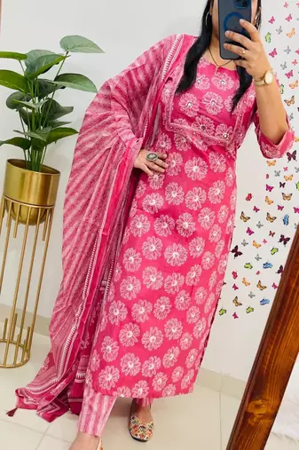 Floral embroidered pink  cotton  kurta trouser and dupatta set