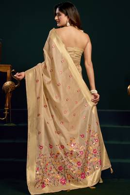 chiku premium munga cotton mina work saree with zari border & pum pum lace 2
