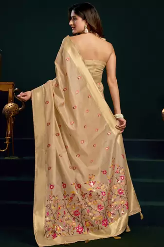 chiku premium munga cotton mina work saree with zari border & pum pum lace
