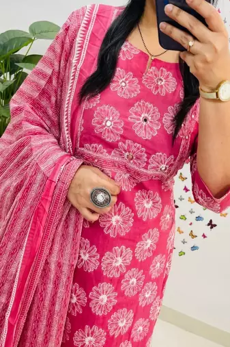 Floral embroidered pink  cotton  kurta trouser and dupatta set
