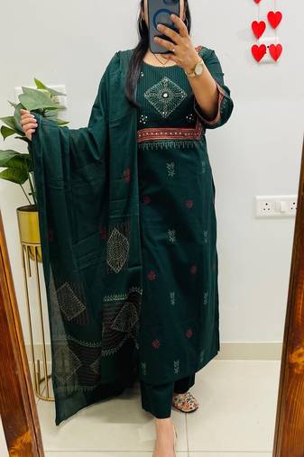 Floral embroidered green pure cotton  kurta trouser and dupatta set