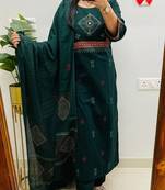 Floral embroidered green pure cotton  kurta trouser and dupatta set