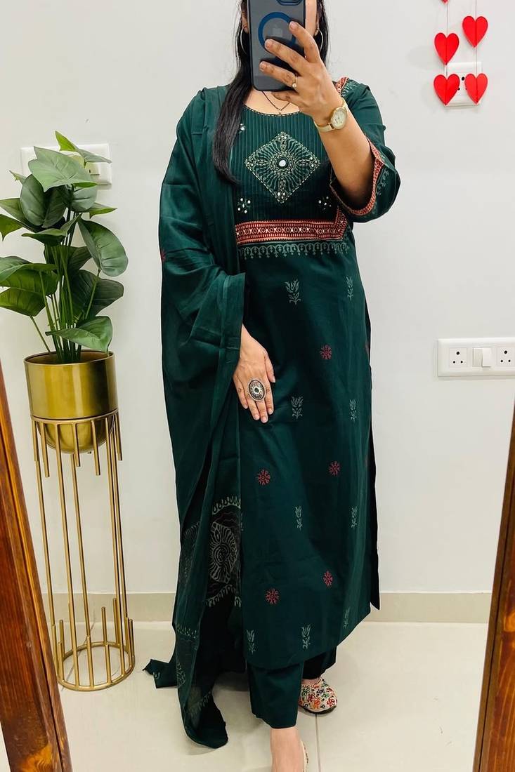 Floral embroidered green pure cotton  kurta trouser and dupatta set