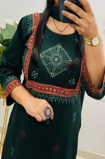 Floral embroidered green  cotton  kurta trouser and dupatta set