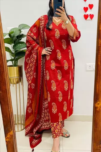 Floral printed orange pure cotton  kurta trouser and dupatta set