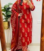 Floral printed orange pure cotton  kurta trouser and dupatta set