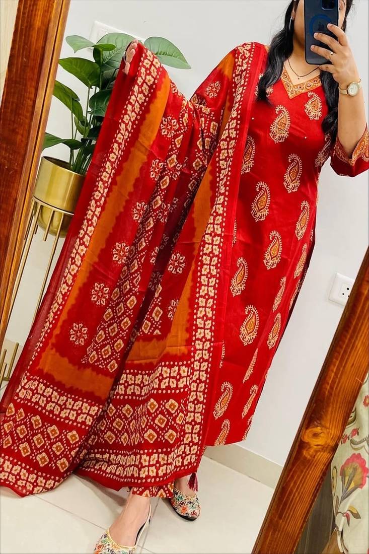 Floral printed orange pure cotton  kurta trouser and dupatta set