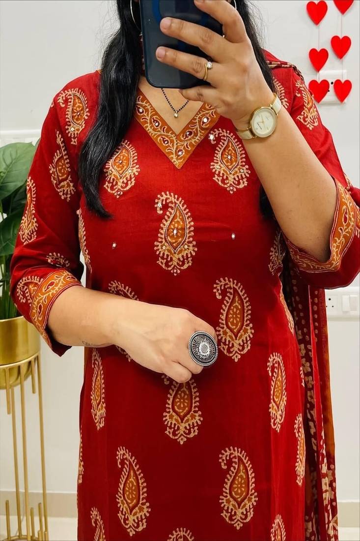 Floral printed orange pure cotton  kurta trouser and dupatta set