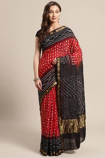 Maroon Printed Bandhani Zari Work Art Silk Saree