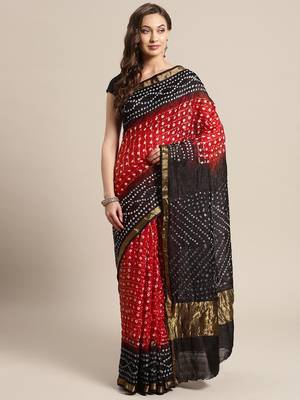 maroon black art silk bandhani zari saree 1