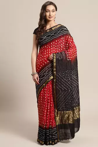 Maroon Printed Bandhani Zari Work Art Silk Saree
