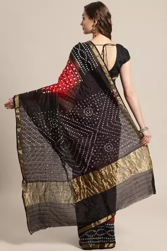 maroon black art silk bandhani zari saree