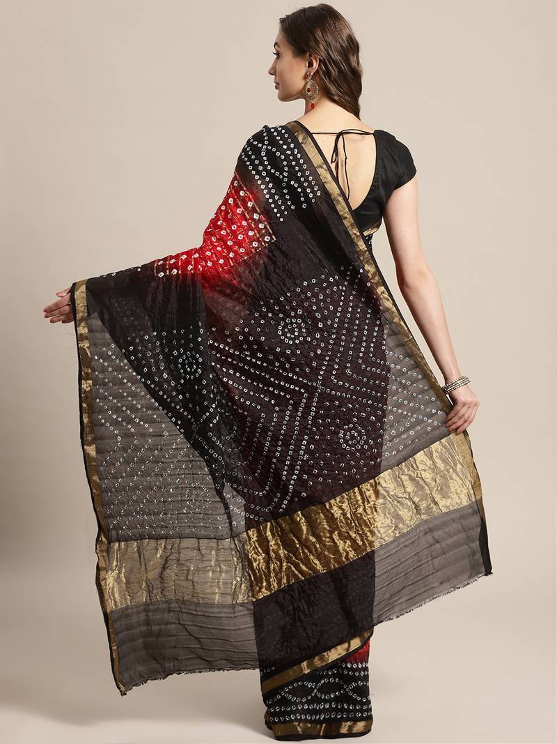 Maroon Printed Bandhani Zari Work Art Silk Saree