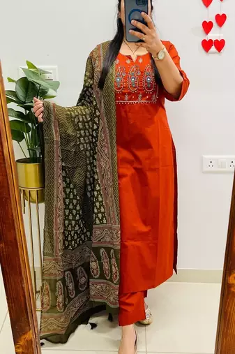 Floral embroidered green pure cotton  kurta trouser and dupatta set