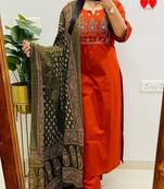 Floral embroidered green pure cotton  kurta trouser and dupatta set