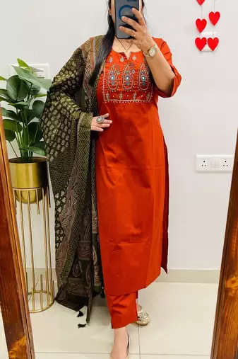 Floral embroidered green  cotton  kurta trouser and dupatta set