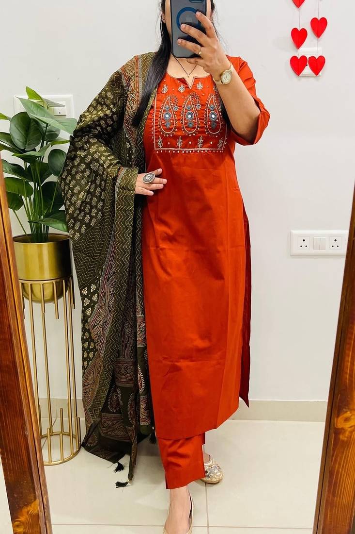 Floral embroidered green pure cotton  kurta trouser and dupatta set