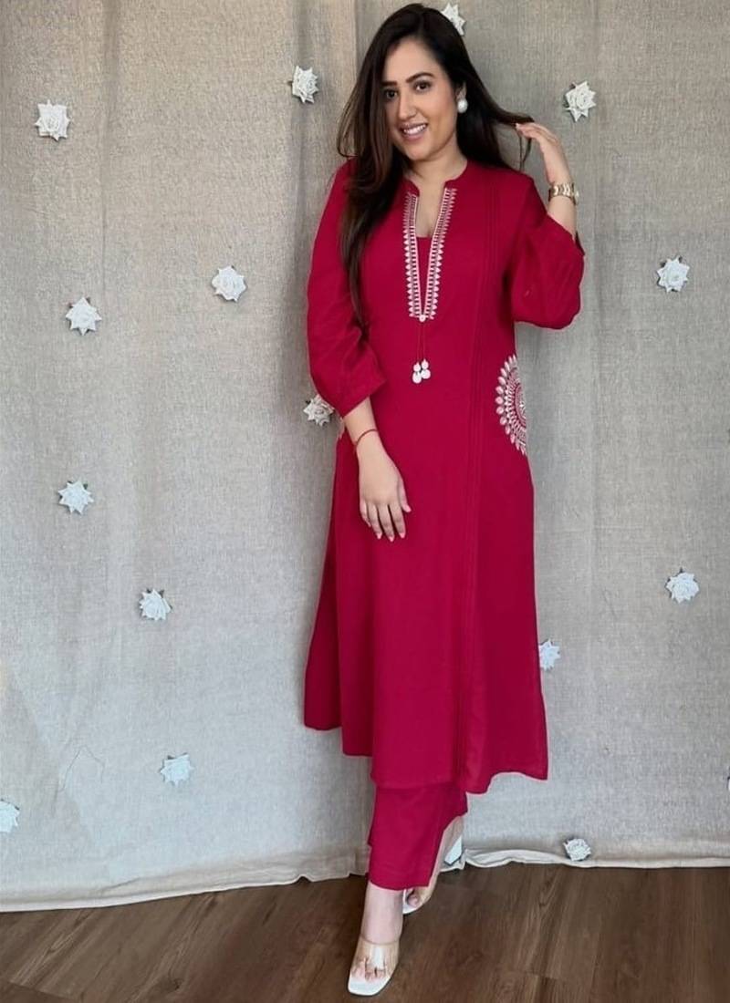 Floral embroidered pink pure cotton  kurta & trouser