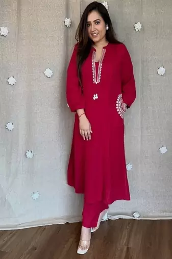 Floral embroidered pink  cotton  kurta & trouser