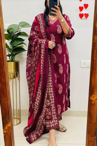 Floral printed maroon pure cotton  kurta trouser and dupatta set