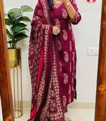 Floral printed maroon pure cotton  kurta trouser and dupatta set