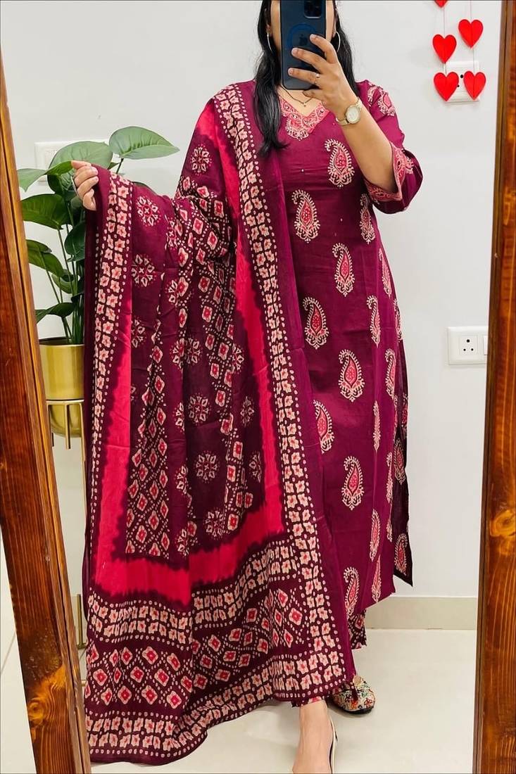 Floral printed maroon pure cotton  kurta trouser and dupatta set