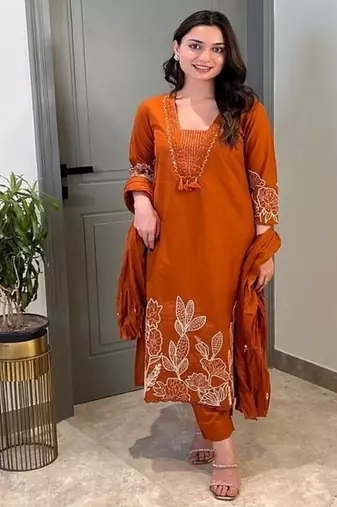 Floral embroidered orange pure cotton  kurta trouser and dupatta set
