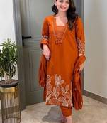 Floral embroidered orange pure cotton  kurta trouser and dupatta set