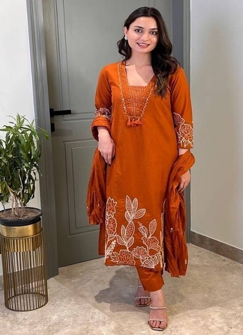 Floral embroidered orange pure cotton  kurta trouser and dupatta set