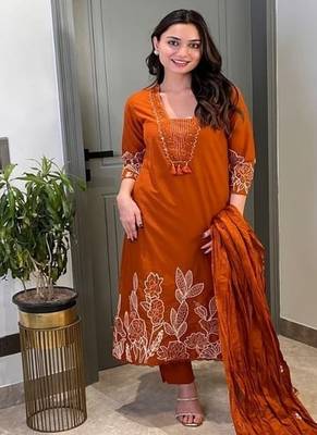 Floral embroidered orange  cotton  kurta trouser and dupatta set 2