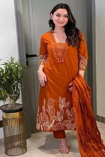 Floral embroidered orange  cotton  kurta trouser and dupatta set