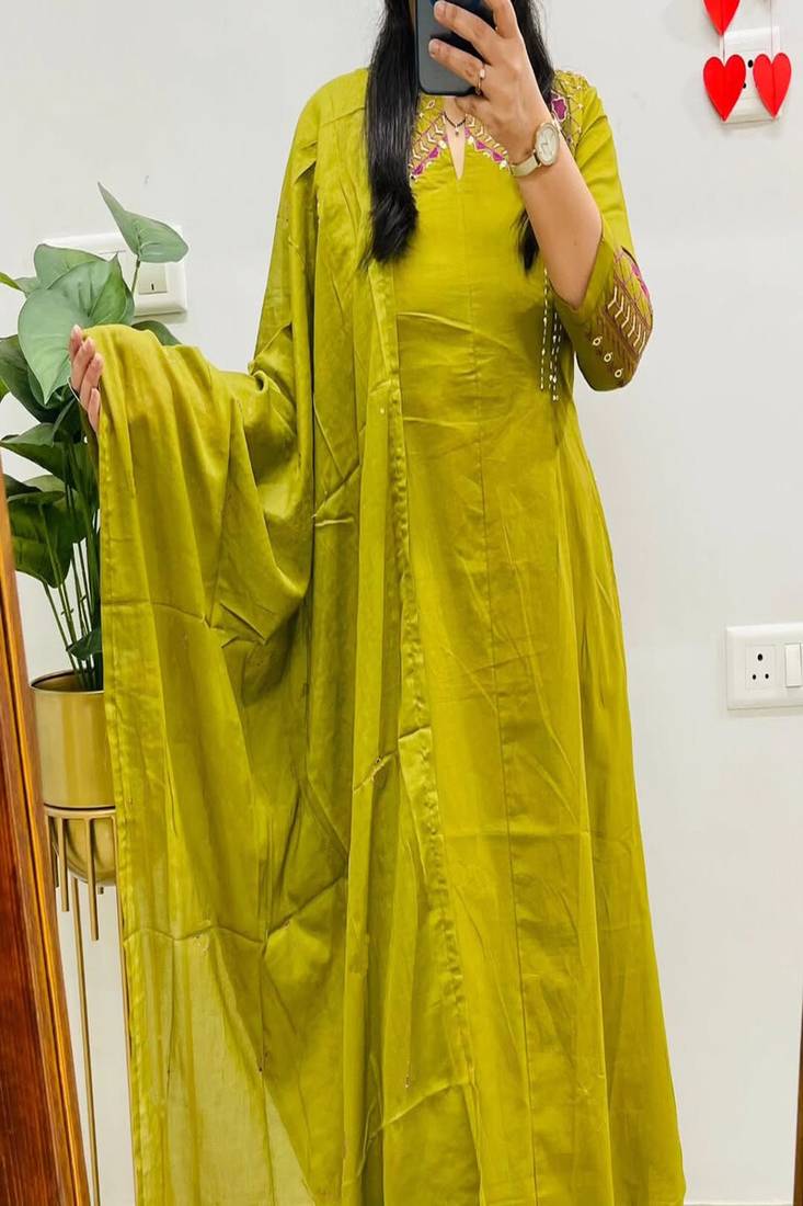 Floral embroidered round neck pure cotton kurta trosuer and dupatta set