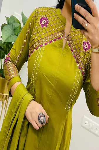 Floral embroidered round neck  cotton kurta trosuer and dupatta set