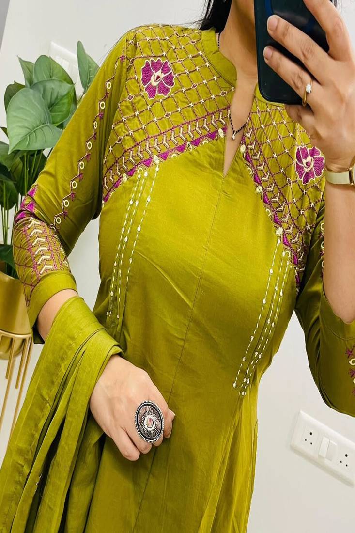 Floral embroidered round neck pure cotton kurta trosuer and dupatta set