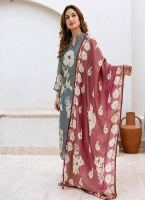 Floral printed round neck pure cotton kurta trosuer and dupatta set 1