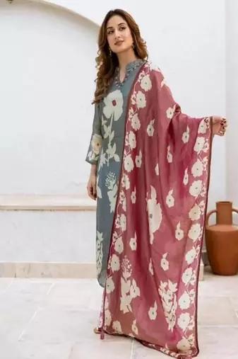 Floral printed round neck pure cotton kurta trosuer and dupatta set