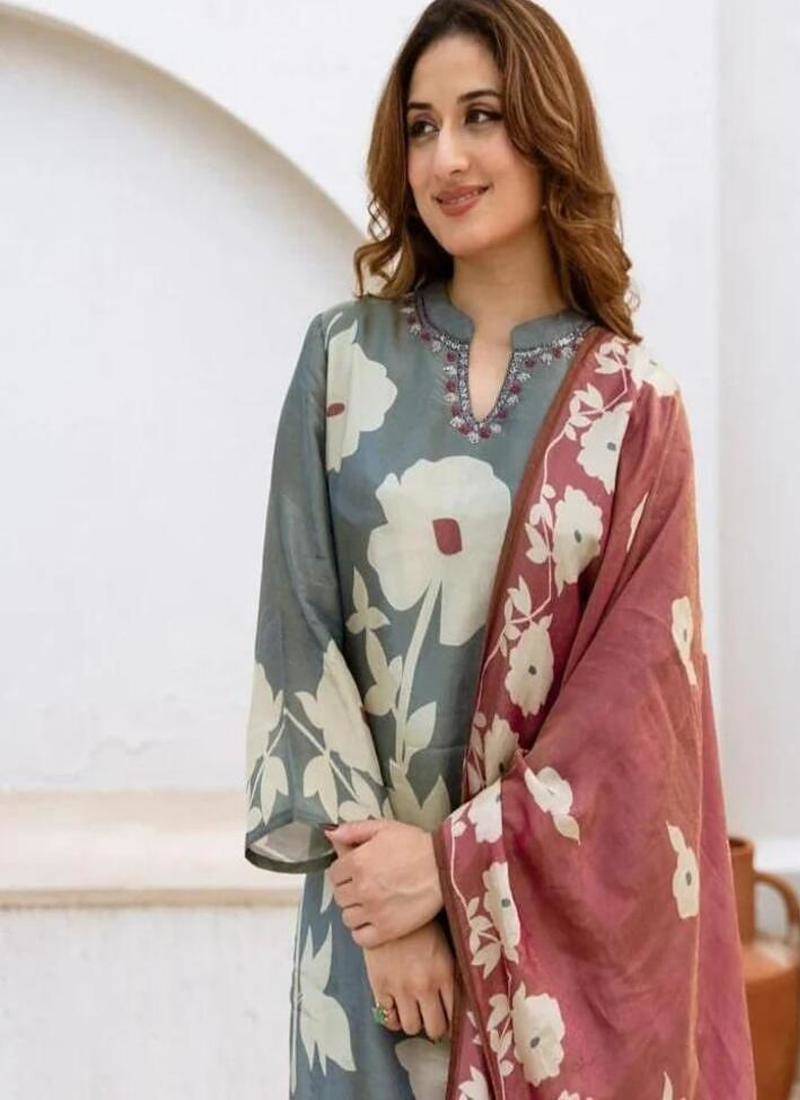 Floral printed round neck pure cotton kurta trosuer and dupatta set