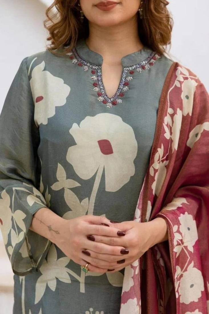 Floral printed round neck pure cotton kurta trosuer and dupatta set