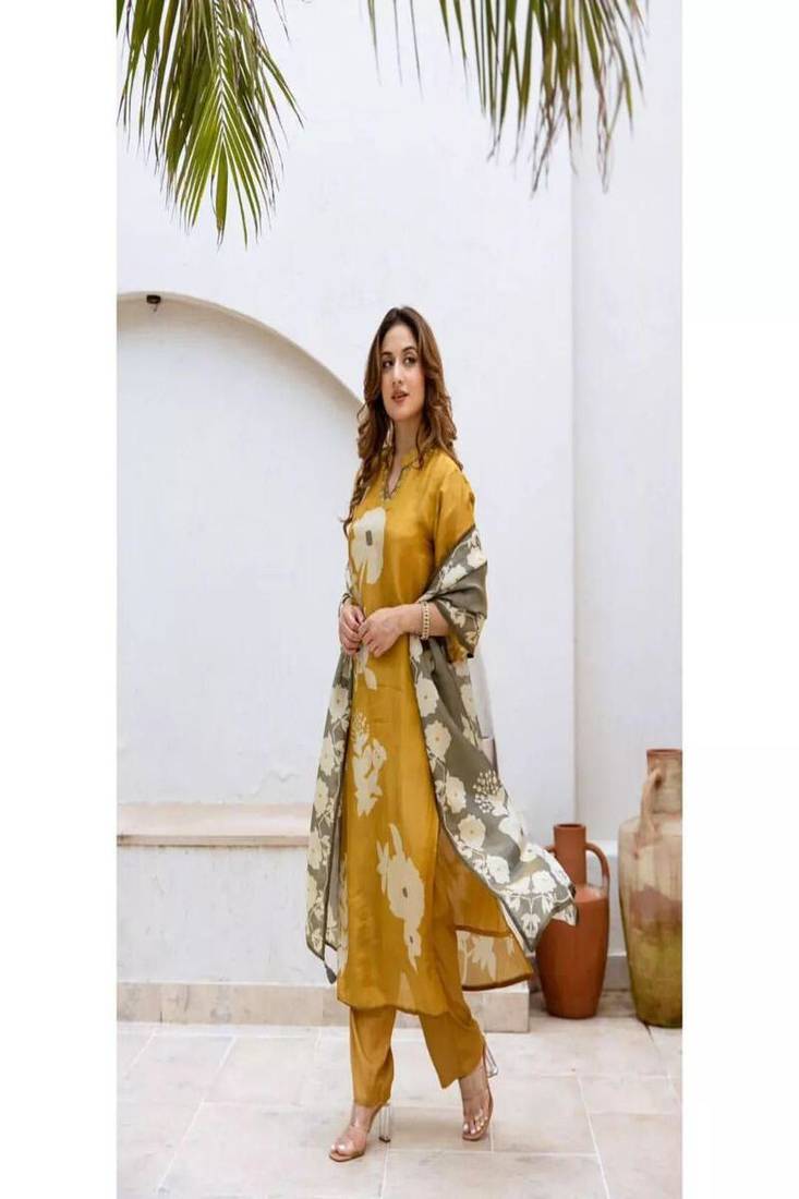 Floral printed round neck pure cotton kurta trosuer and dupatta set