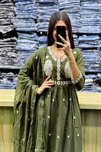 Floral embroidered v neck  cotton kurta trosuer and dupatta set