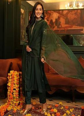 Floral embroidered round neck cotton kurta trosuer and dupatta set 1