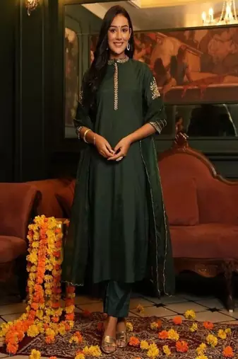 Floral embroidered round neck  cotton kurta trosuer and dupatta set